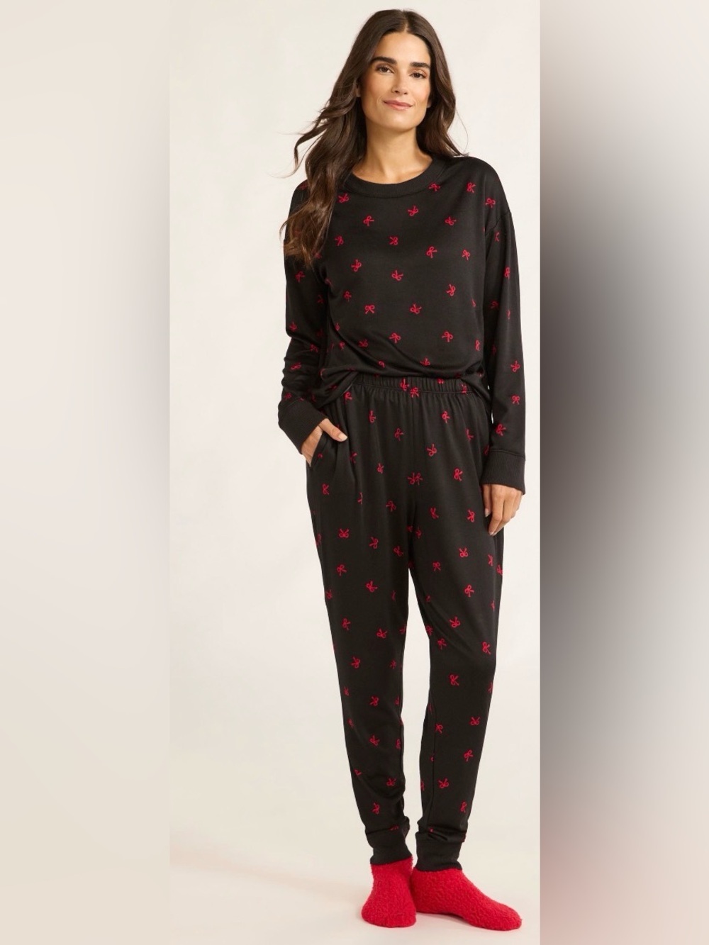 Black Pajama Set with Red Micro Bow Print and red socks